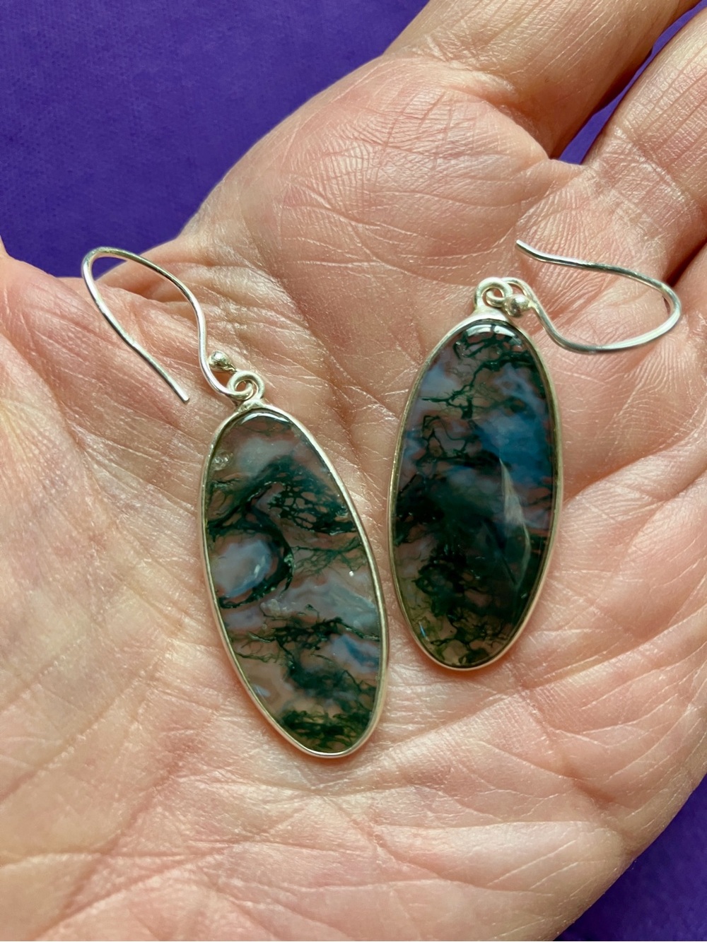 Sterling Silver Moss Agate Oval Drop Earrings - Green and Blue